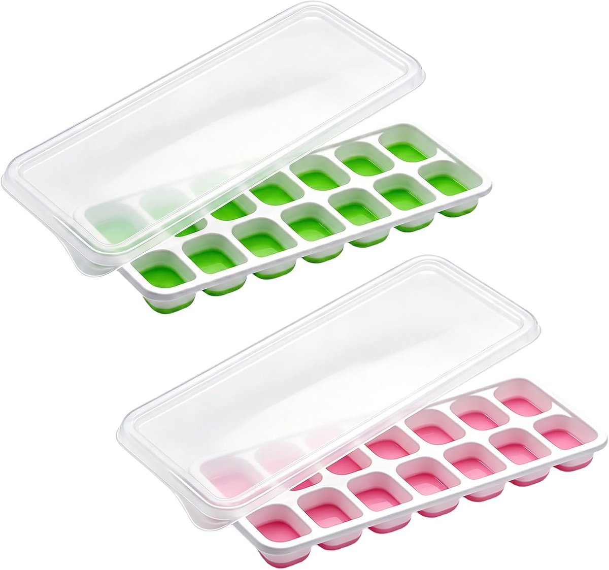 Siliconen met deksel, set van 2 ijsblokjesbakjes, BPA-vrij, 14 vakken, kleine ijsblokjesvorm voor whisky, cocktails en babypap, herbruikbare ijsblokjesvorm 23 cm (groen en roze)