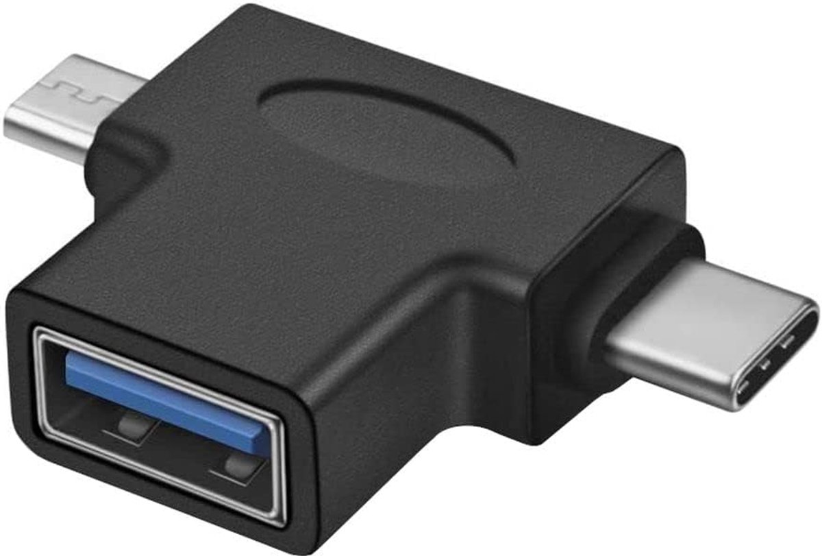 Adapter USB 3.0 naar USB-C + Micro USB B, bus naar stekker, USB 3.0 type A aansluiting, USB 3.1 type C stekker, zwart