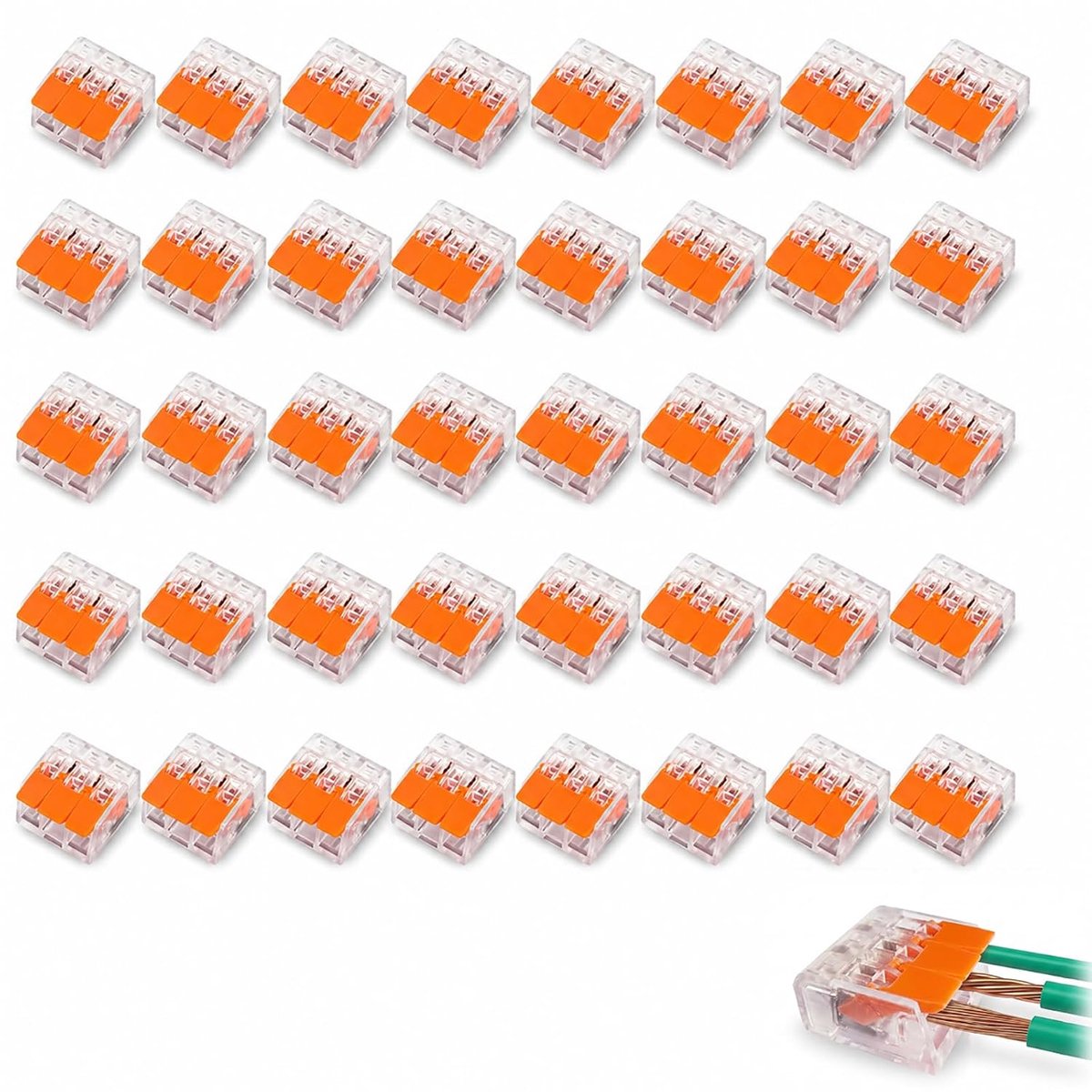 Elektrische connector, 3 ingangen, transparante snelklemmen met hendel, 90°, 0,14-4,0 mm², 450 V, 32 A, Domino geïsoleerd, vuurvast, voor verlichting auto, audio