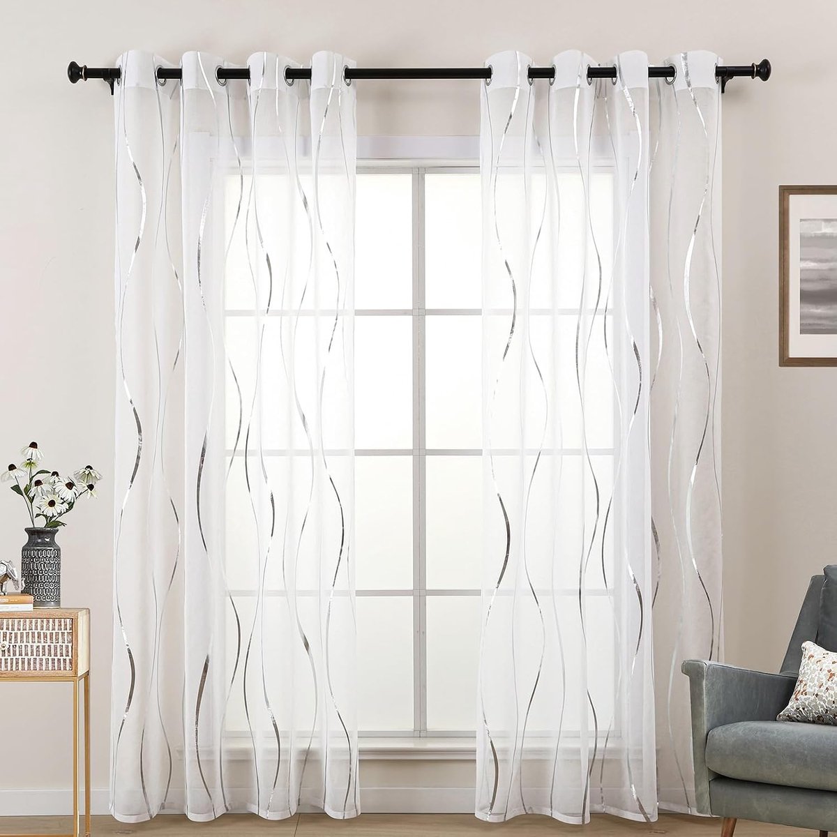 Zilverwit gordijn, gordijn in linnenlook, transparant golfpatroon, gordijnen voor woonkamer, slaapkamer, keuken, set van 2 decoratieve gordijnen, gordijn met ingestanste ringen, 175 cm lang