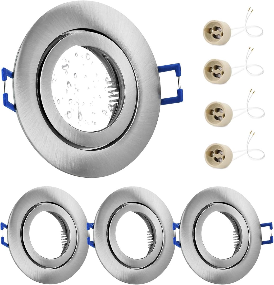 4 x Led-inbouwspot IP44 inclusief GU10 houder, draaibaar LED-spot, ijzer, geborsteld nikkel, badkamer inbouwrames, rond vlak, inbouwspots, gatmaat 68 mm voor buiten - binnengebieden
