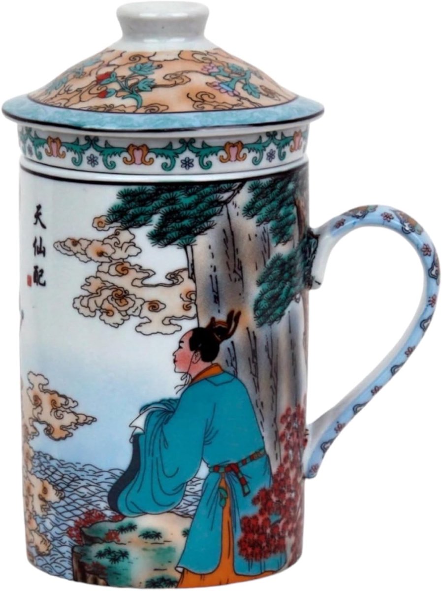 Chinese mok met Aziatisch motief (azië), keramische theekopje met deksel + zeef voor losse thee, porseleinen koffie, cadeauset
