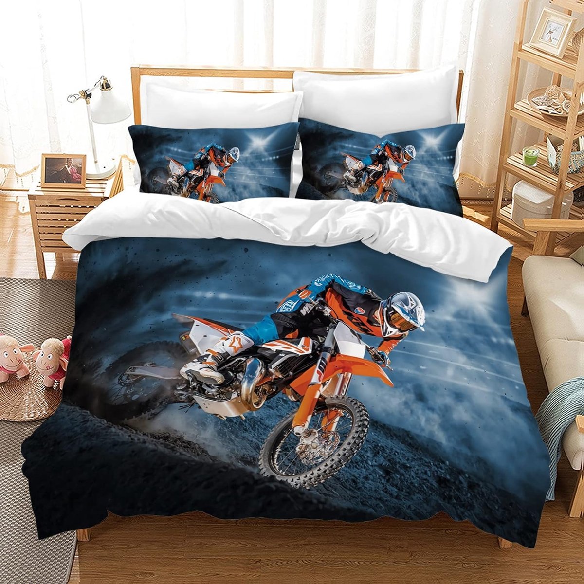 Dekbedovertrek Moto 135 x 200 cm met 2 kussenslopen 50 x 75 cm, extreme sporten microvezel, modern blauw motordekbedovertrek voor volwassenen, mannen en kinderen (135 x 200 cm, Moto3)