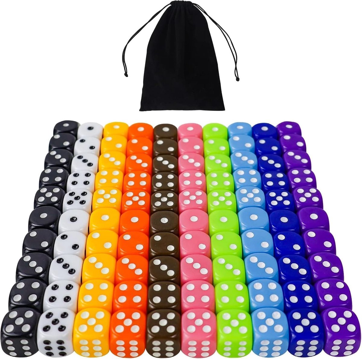 100 stuks, kleurrijke dobbelstenenset, 16 mm kleurkubussen met 6 zijden, dobbelstenen met insteekzakken, speeldobbelstenen voor tafelkaartspellen, acryldobbelstenen 10 kleuren