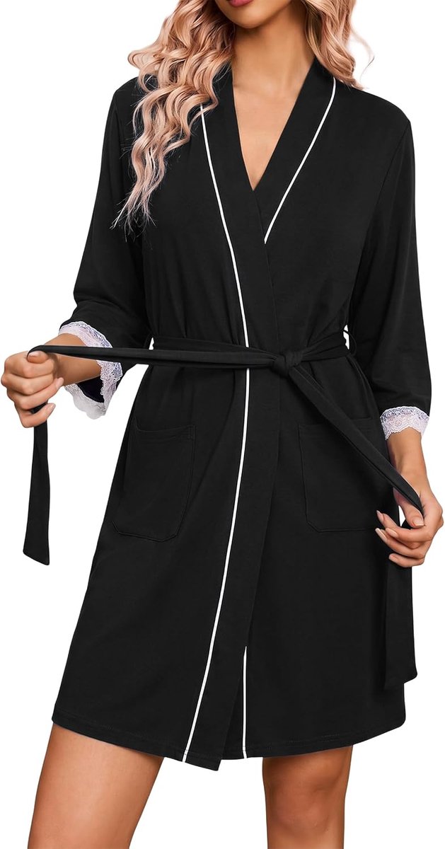Ochtendjas lichtgewicht kant manchet zomer gewaden 3/4 mouw dames korte badjas met zakken spa hotel loungewear S-XXL