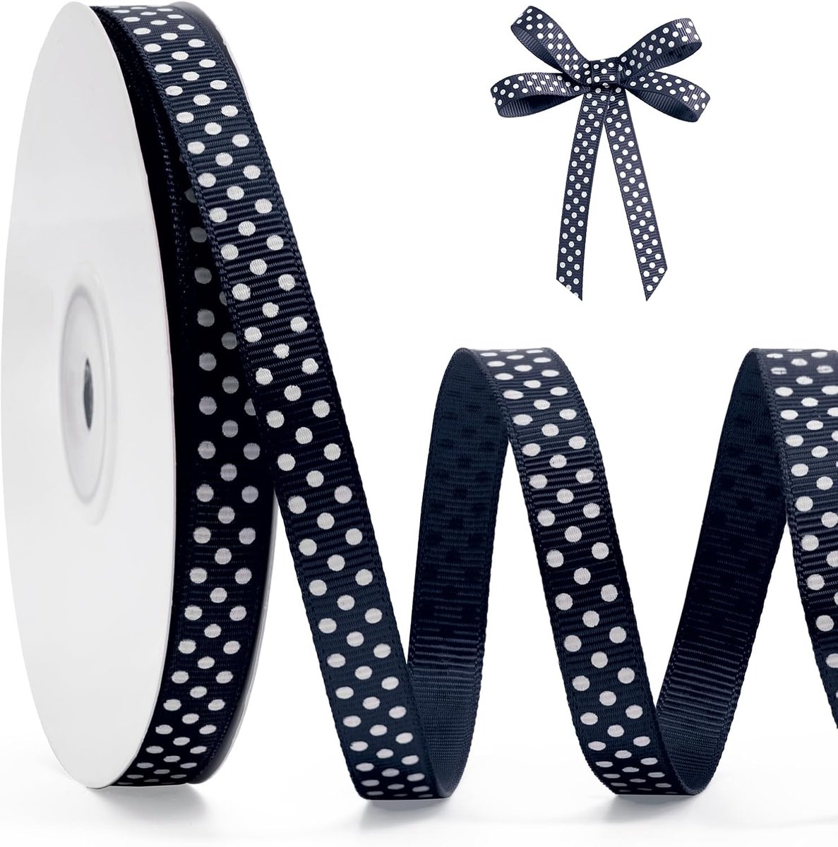 Dot Grosgrain lint met stippen, 10 mm x 22 m, marineblauw en witte stippen, knutsellint voor geschenkverpakking, Kerstmis, doe-het-zelf ambachten, haarstrikken, bruiloftsfeest, decoratie