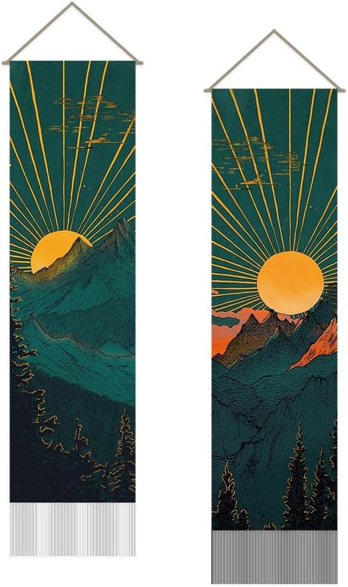 2-delig wandtapijt voor zonsondergang en zonsopgang, berglandschap, meerkleurig, 116 x 33 cm, polyester, wandmontage, binnen, natuurthema, niet ingelijst, voor meerdere kamers