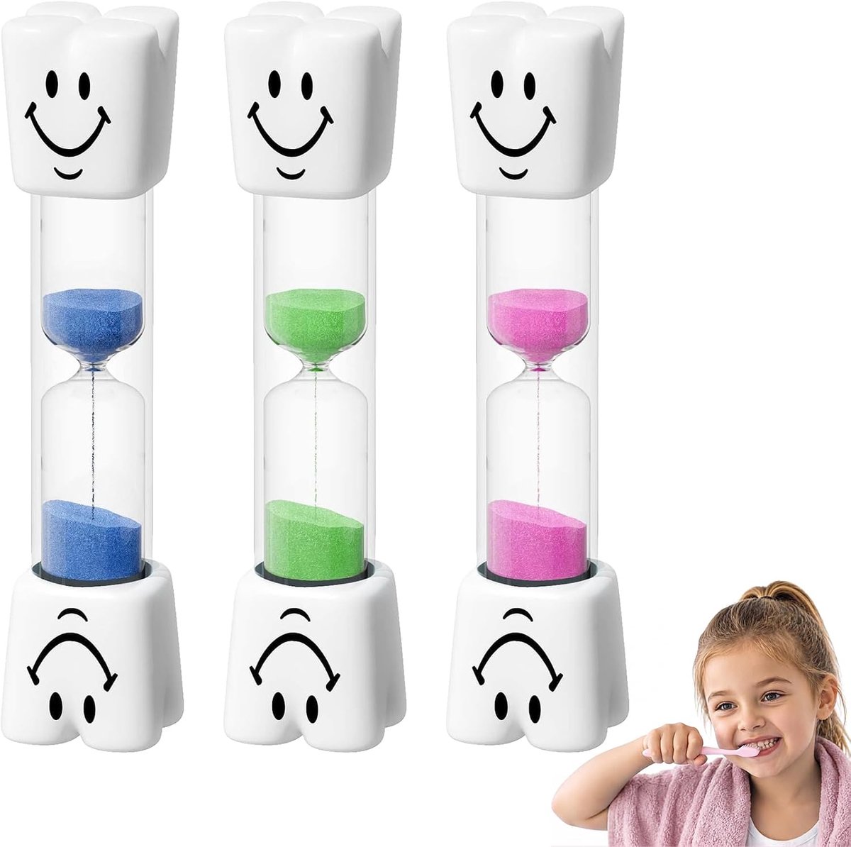 3-delige zandloper voor kindertanden, meerkleurig, glimlachende zandloper, 3 minuten, voor spelletjes, oefeningen, studie, borstelen (stijl 1)