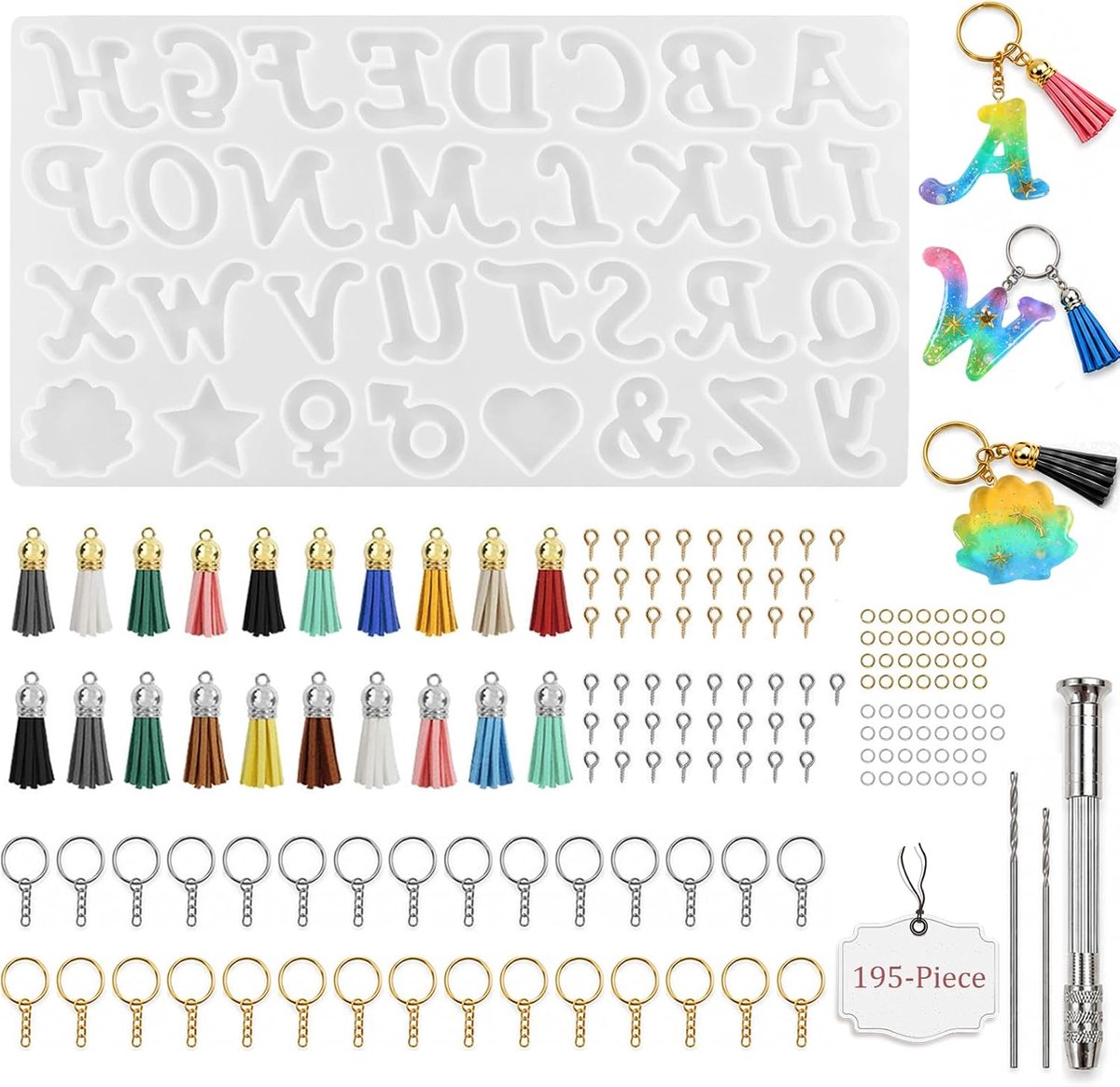 Mal letters epoxyhars voor sleutelhangers knutselen | Mallen, 195-delige Gietvormen Siliconen Set Incl. Alfabet & Accessoires, Hars Hars Gietset & Doe-het-zelf Sieraden