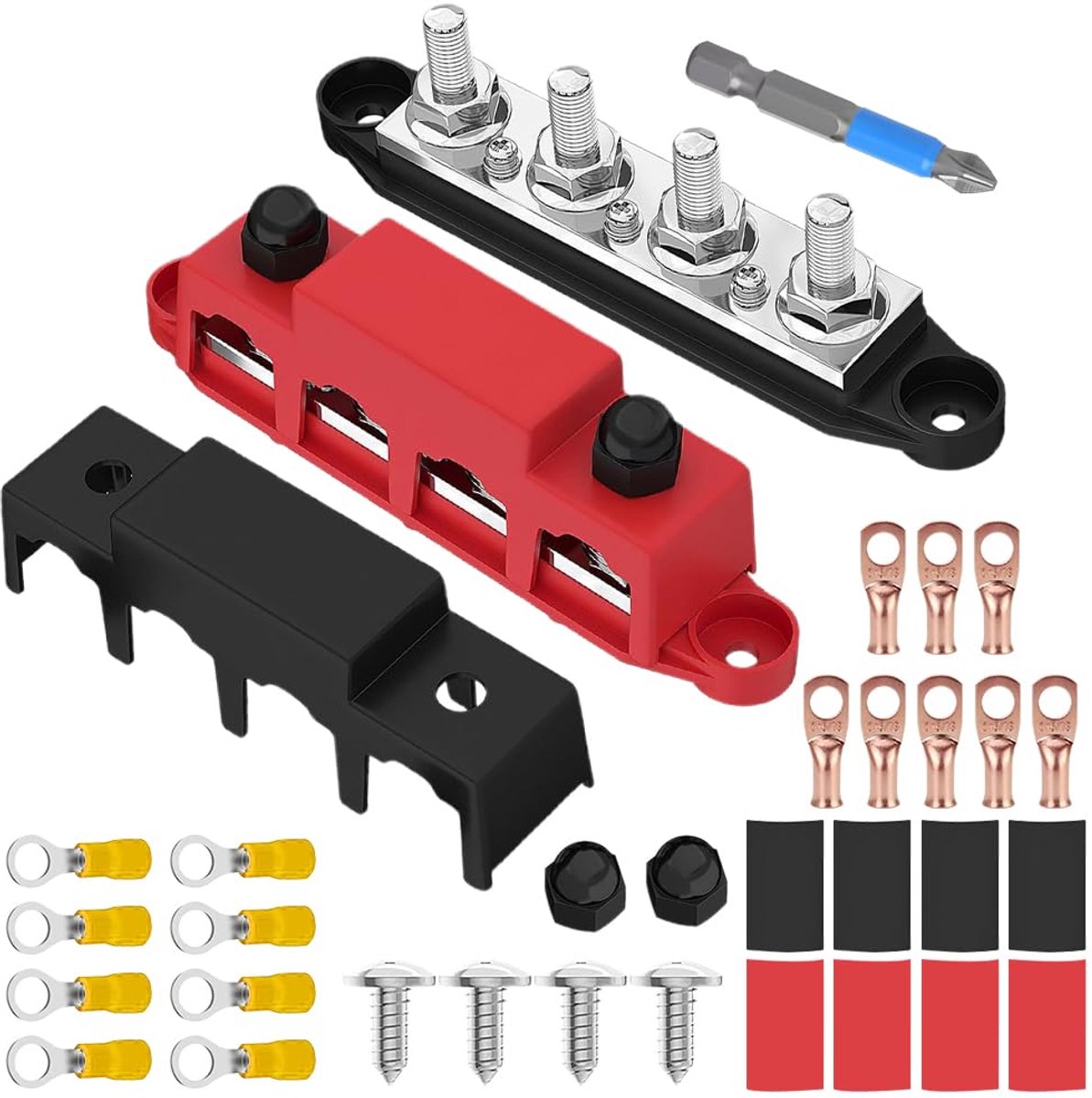 Verdelerblok, 12 V-48 V DC, 250 A, busbar box met 4 x M8 klembouten, krachtige module, stroomverdelingsblok, aardstroom voor auto, camper, bootjacht (rood zwart, 2 stuks)
