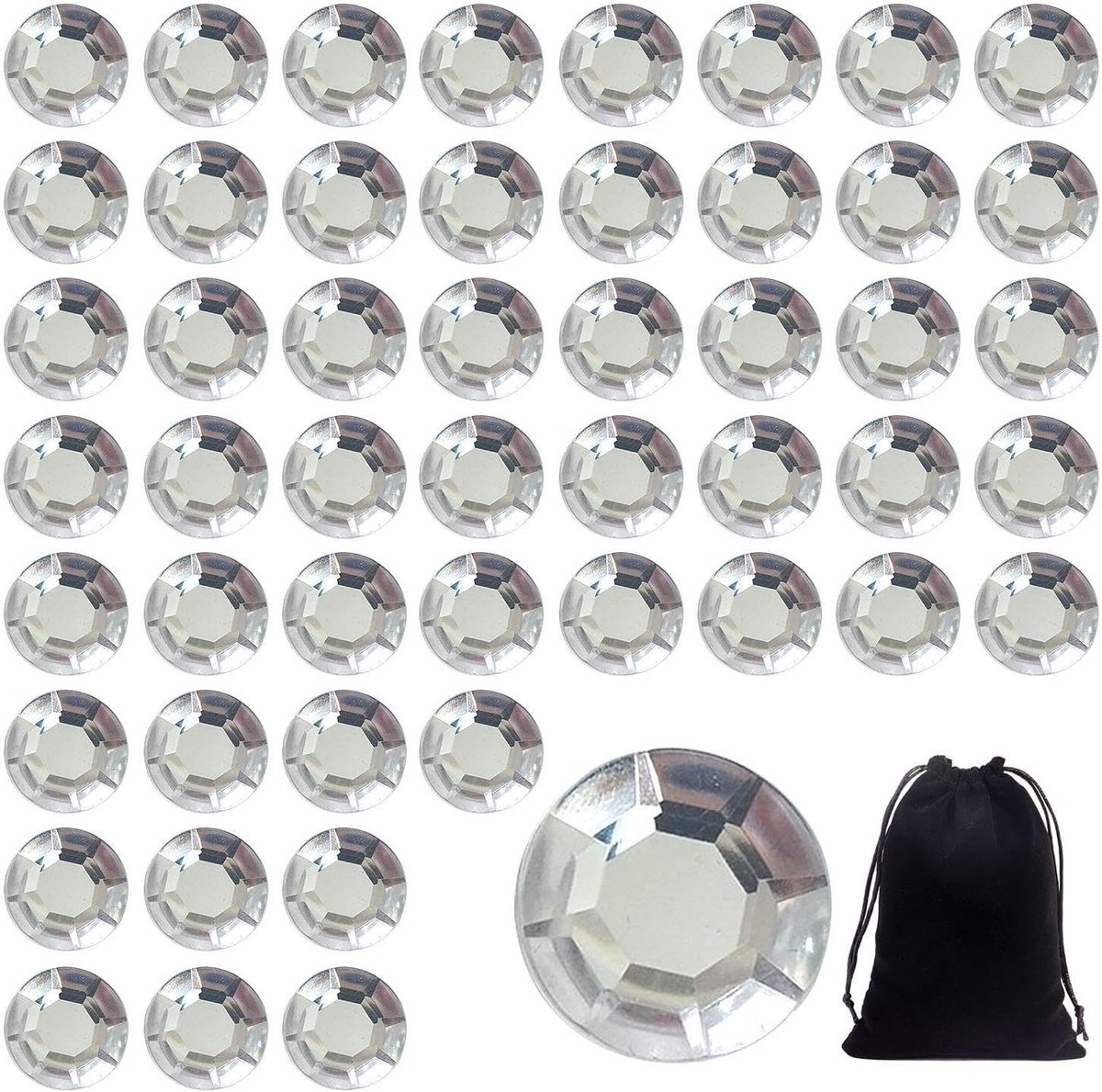 50 stuks acryldiamanten en 1 stuk zwarte opbergtas, kunstdiamanten, ronde platte diamanten, knutselaccessoires, doe-het-zelf decoraties, enz.