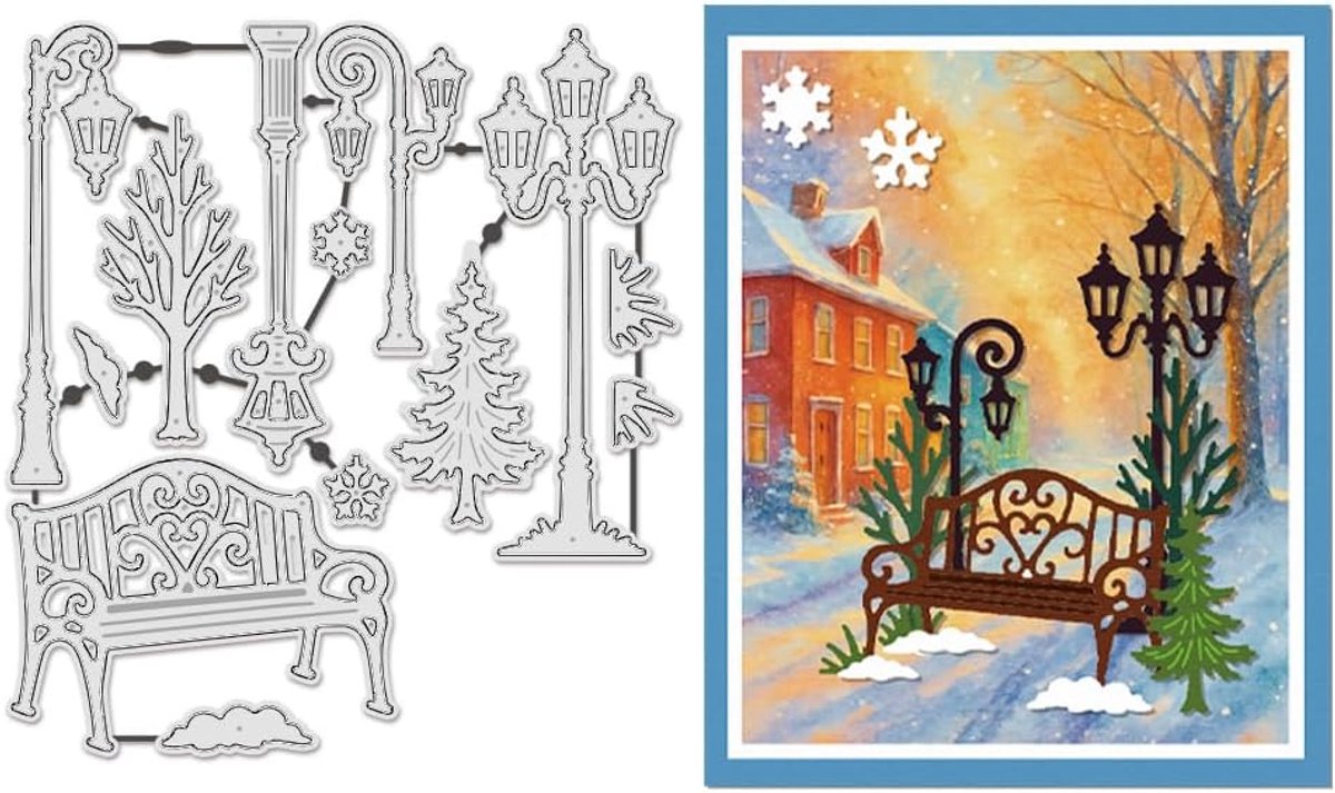 Snijsjablonen van metaal, winterstraat, duurzaam, voor het maken van kaarten, papier, fotolijsten, decoratie, scrapbooking, 18 x 12 cm