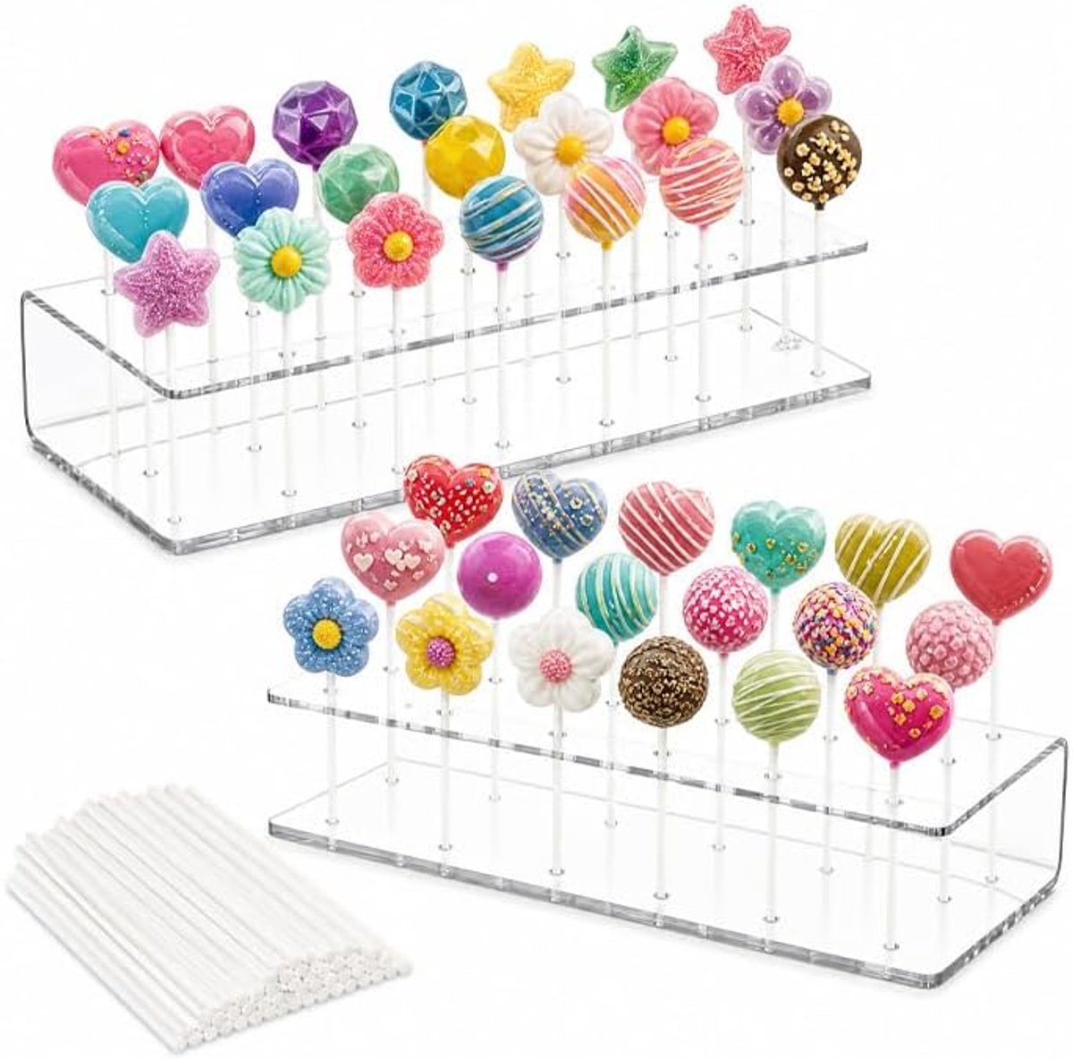 Popstandaard van acryl, transparant, 20 gaten + 100 stelen, lollyhouder voor desserttafel, bruiloft en Halloween, feestdecoratie, 16 x 9 x 4 cm, vaatwasmachinebestendige taartstandaard, set van 2