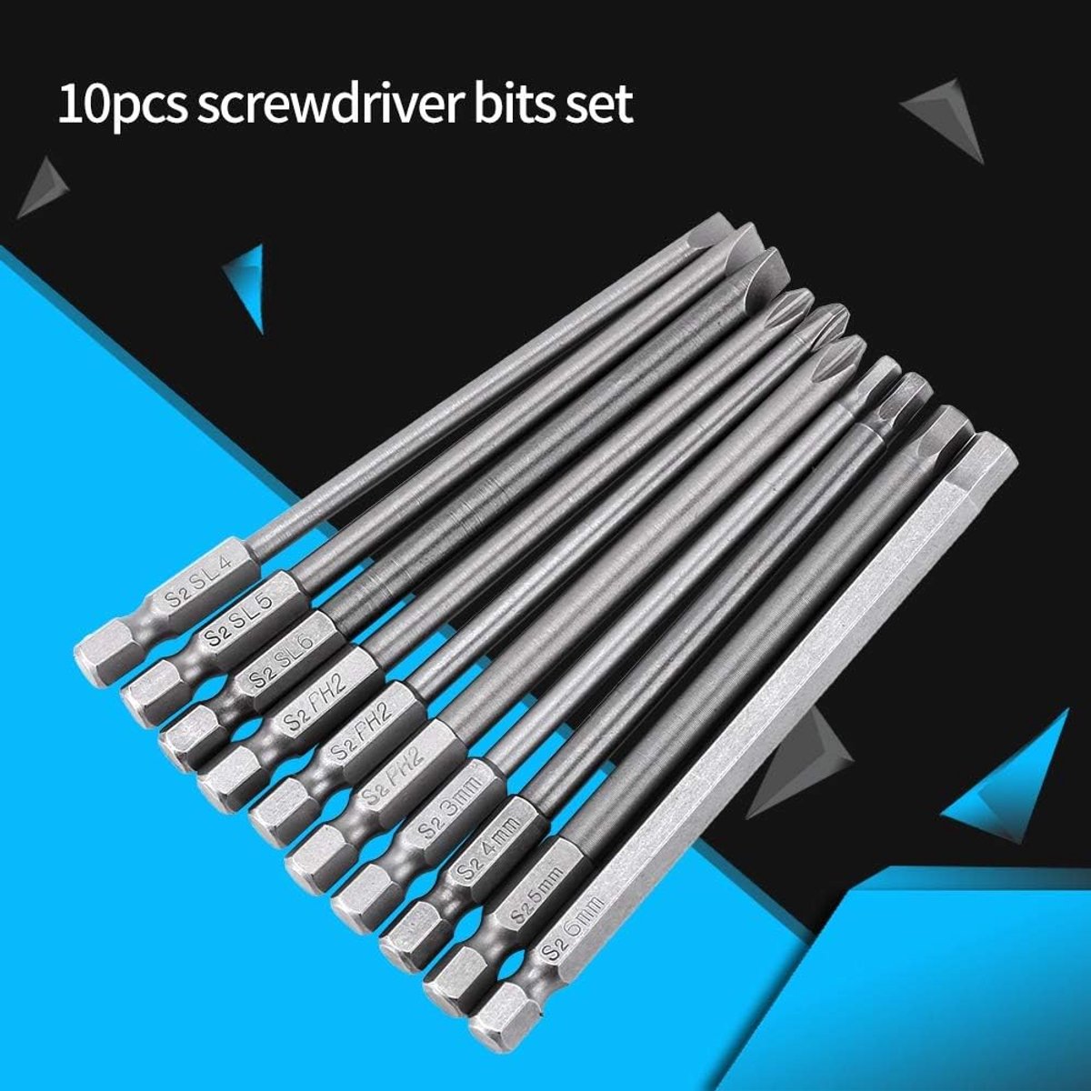 Lange schroevendraaier bits + bits, 10 stuks 1/4 inch zeskantschacht 100 mm magnetisch BST-set (gegroefd + kruis + zeskantkop)