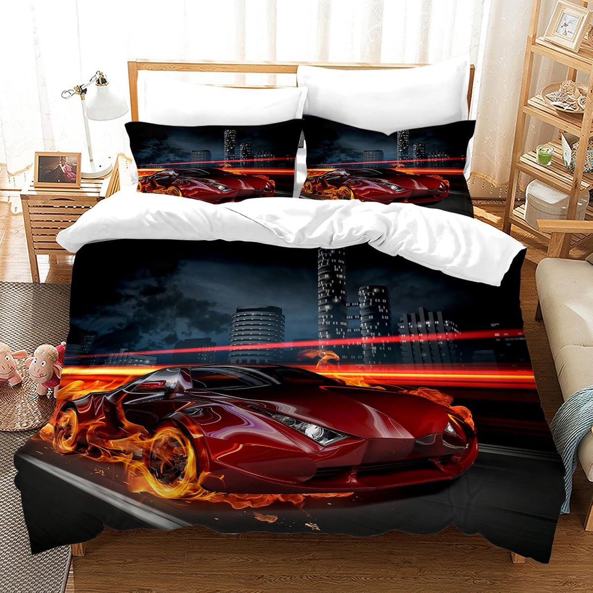 Beddengoedset voor jongens, sportwagen dekbedovertrek met extreem sportthema beddengoedset voor kinderen met ritssluiting en 2 kussensloop (racewagen 4, 135 x 200 cm)