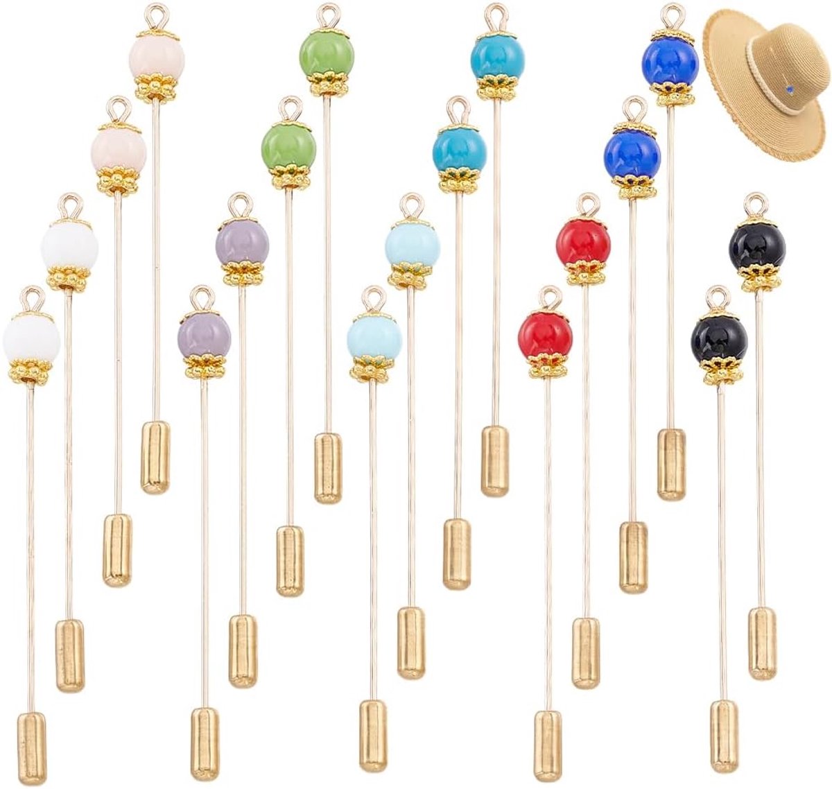18 vintage hoedenspelden, lapel pin plastic imitatieparels broche messing lange greepnaalden accessoires voor stropdas sjaal badge hoeden pakken sieraden maken doe-het-zelf handwerk