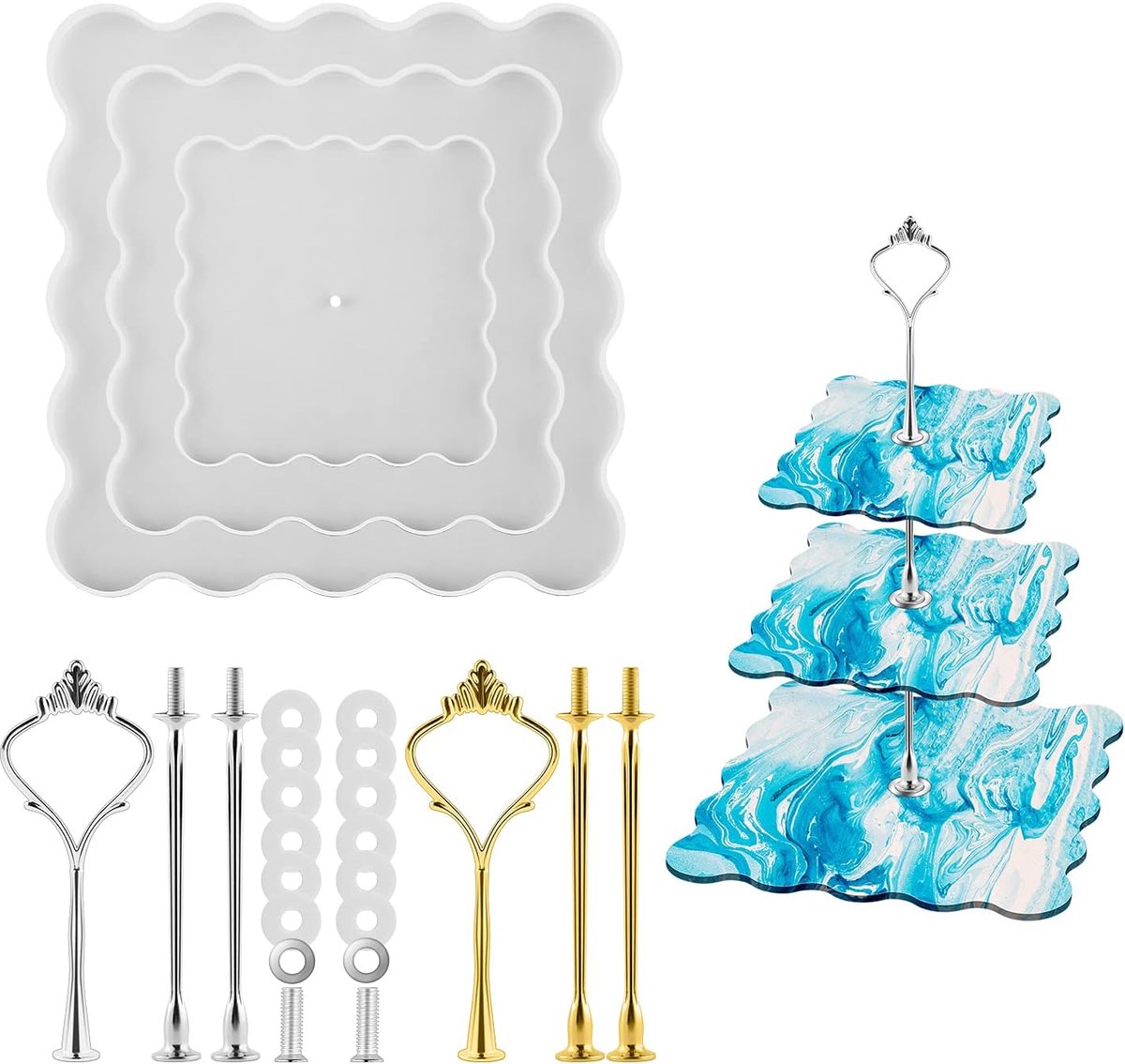 Epoxyhars-vormen met 3 niveaus, onregelmatige taartborden, harsvorm met een set gouden houders en een set zilveren houders voor thuis, feest, bruiloft decoratie