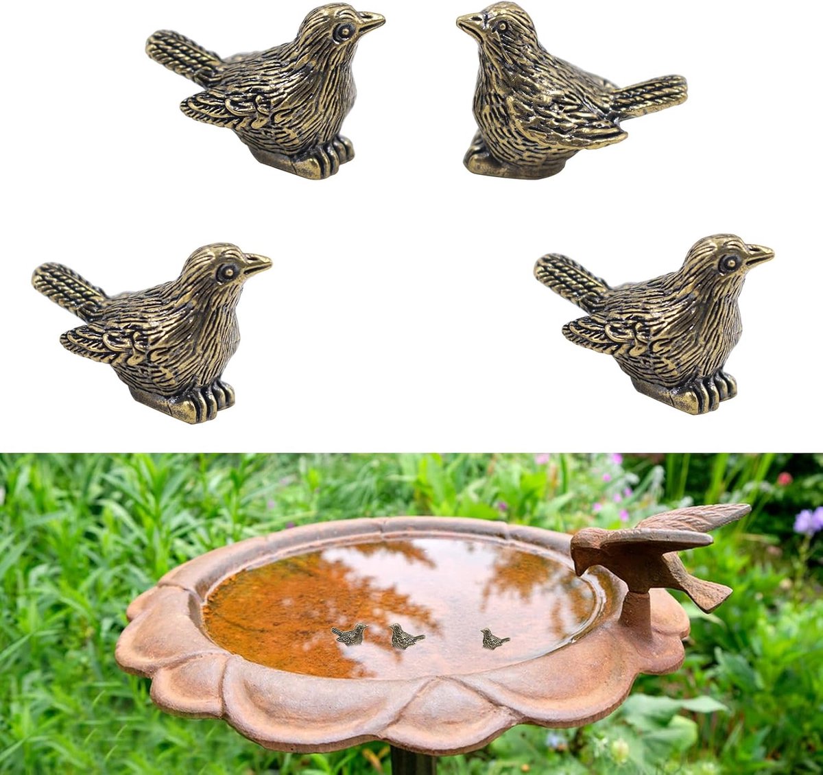 4 stuks miniatuur messing figuren in vogelvorm, 2,7 x 2 cm, Bird Brass Decoraties, koperdecoratie, ornamenten voor vogelbaden buitenshuis, kom