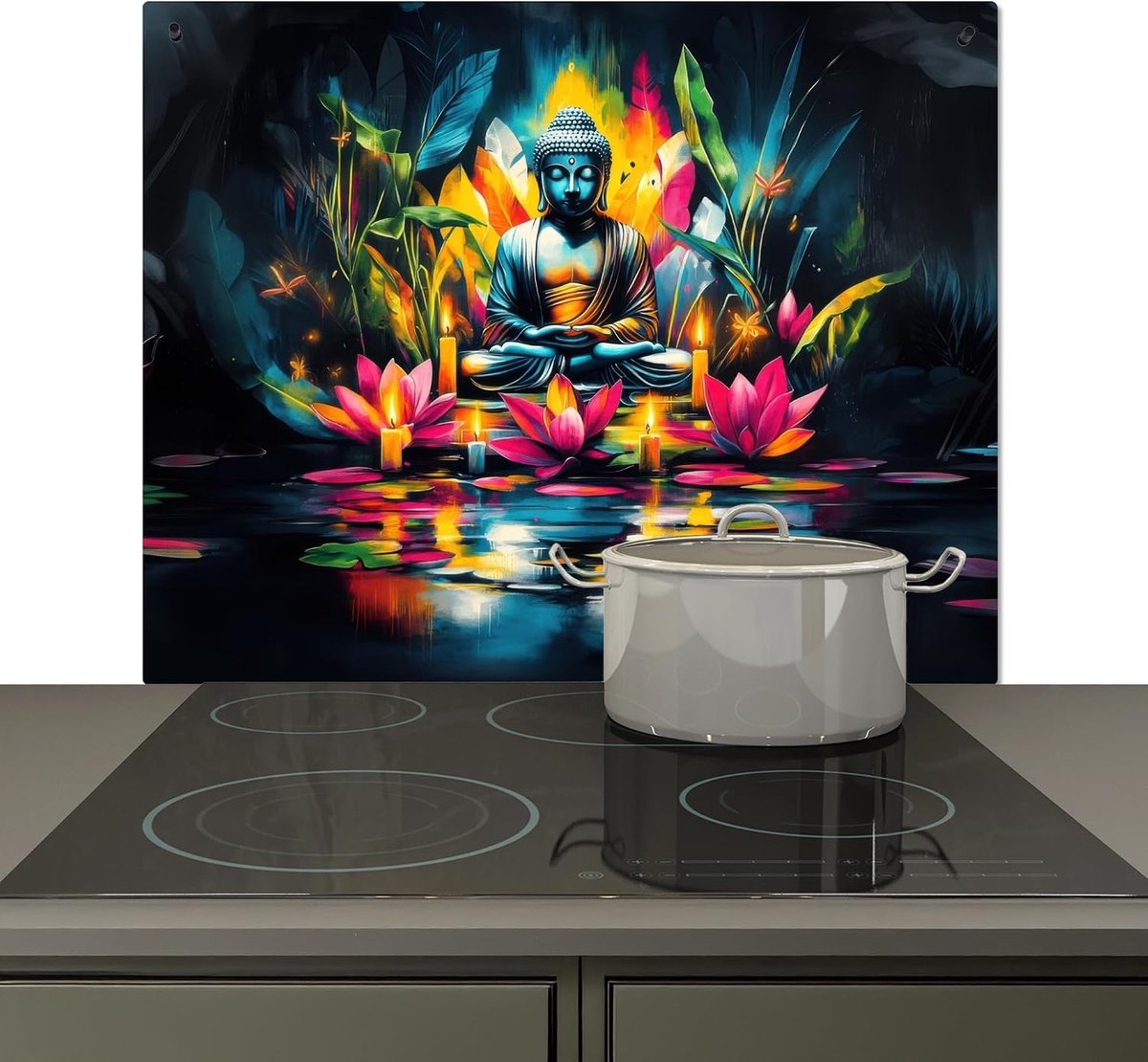 Spatscherm Keuken 52x60 cm Kookplaat Achterwand Beschermer Muur Spatwand Fornuis Aluminium Hittebestendig - Kaarsen - Bloemen - Buddha - Water
