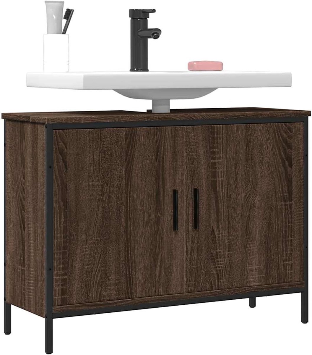 Wastafelonderkast bruin eiken 80 x 30 x 60 cm houtmateriaal met stalen frame, badkamerkast voor wastafelonderbouw