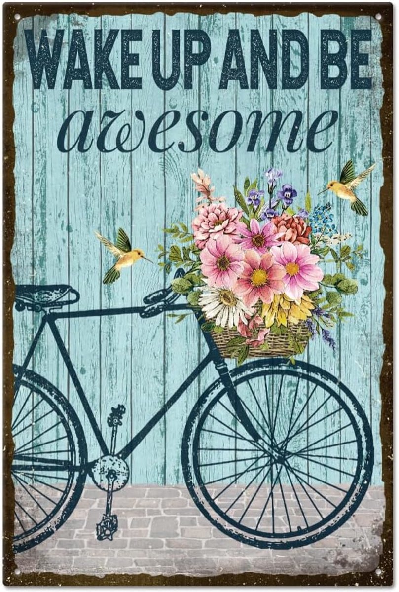 Vintage bloem en fiets metalen tinnen bord plaquette poster 20 x 30 cm retro metalen muur decoratieve tinnen borden voor thuis keuken bar coffeeshop club boomgaard decoratie