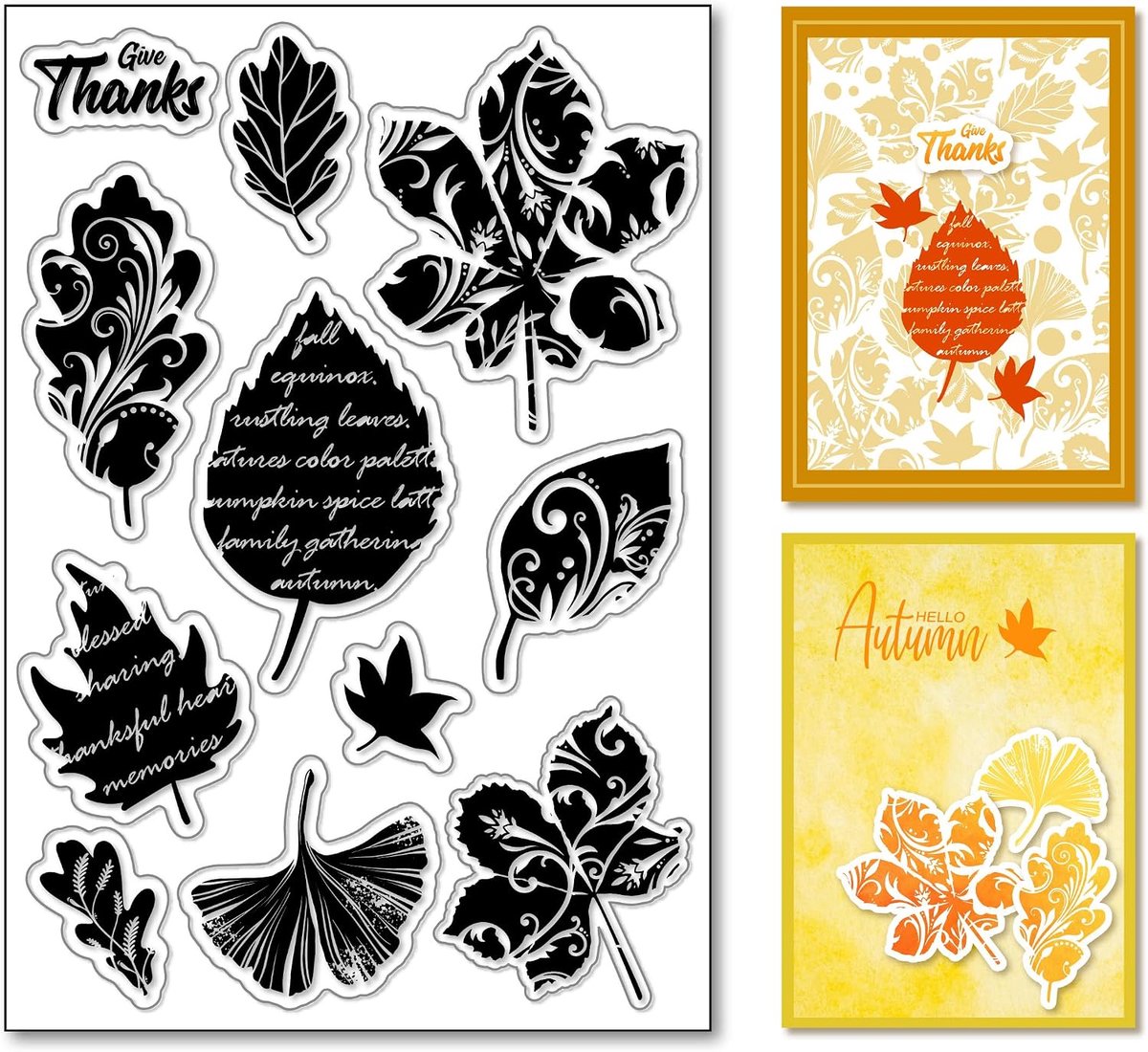 Doorzichtige Stempel Esdoornblad met Tekst Transparante Silicone Stempel Ginkgo Eikenbladeren met Wervelingen Rubberstempel voor Scrapbook Journal Kaart