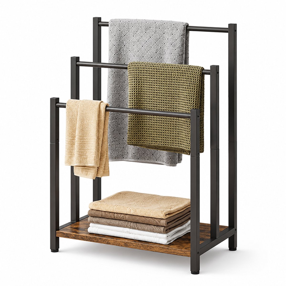 Home & Beyond® Handdoekrek Vrijstaand - Handdoekenrek met 3 Stangen - Handdoekhouder met Opbergplank - Badkamerrek Industrieel - Bruin Zwart - 43x28x81 cm