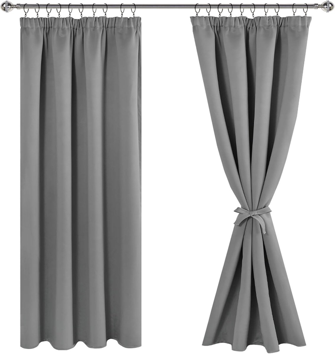 Verduisteringsgordijnen met plooiband, ondoorzichtige gordijnen, woonkamer, gordijnen, slaapkamer, thermogordijn, grijs, H 183 x B 117 cm, set van 2