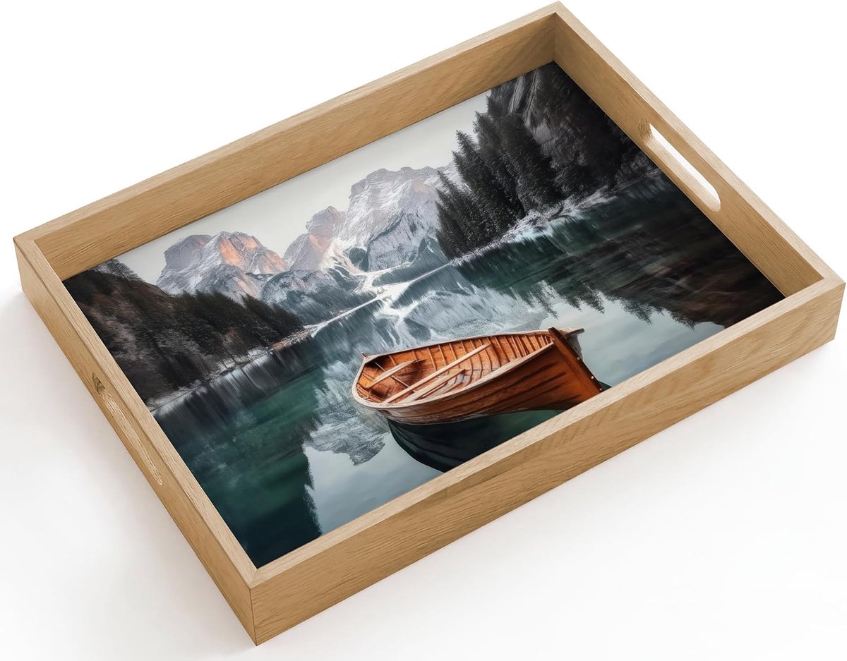 Dienblad Rechthoekig 40x30 cm Houten Serveerblad Met Handgrepen Eikenhout Krasbestendig Hittebestendig Ontbijt Tray Koffie Eten Boot - Bergen - Natuur - Water