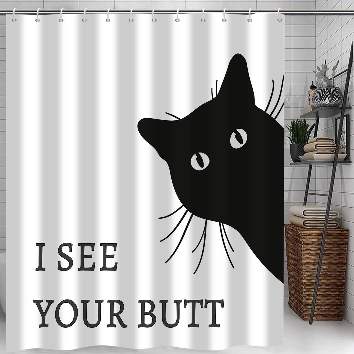 Douchegordijn, grappig kat, 180 x 200 cm, zwart-wit, schattige huisdieren, interessant badgordijn, waterdicht, polyester, wasbaar, badgordijn voor badkamer, met haken