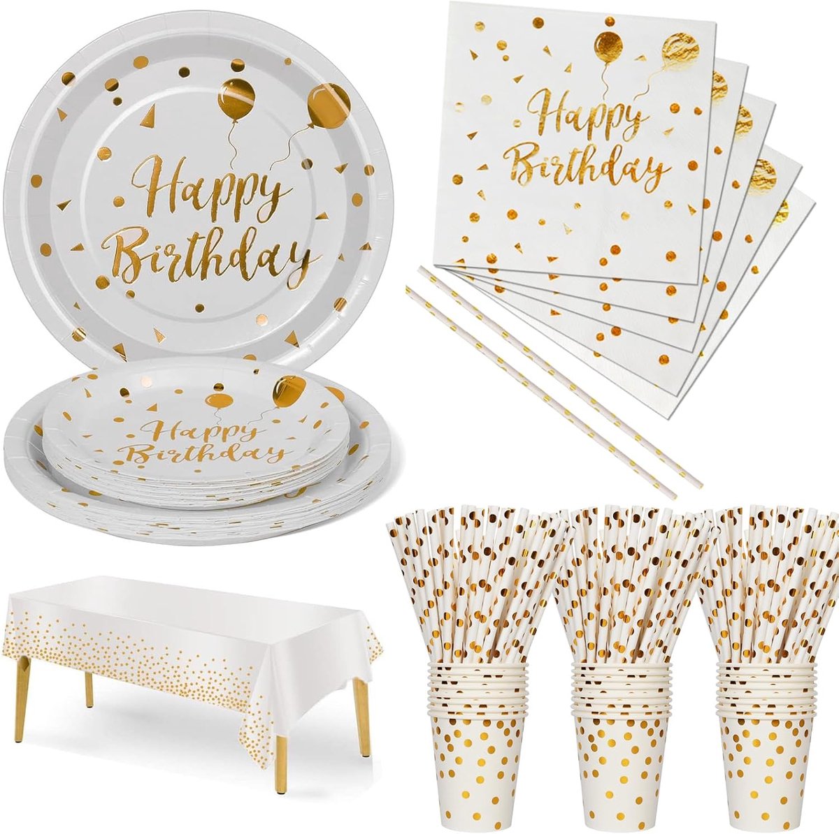 Feestservies 121 stuks wit en goud Happy Birthday-thema kinderverjaardag decoratie feestaccessoires set inclusief papieren borden servetten bekers, voor feestbenodigdheden - 24 gasten