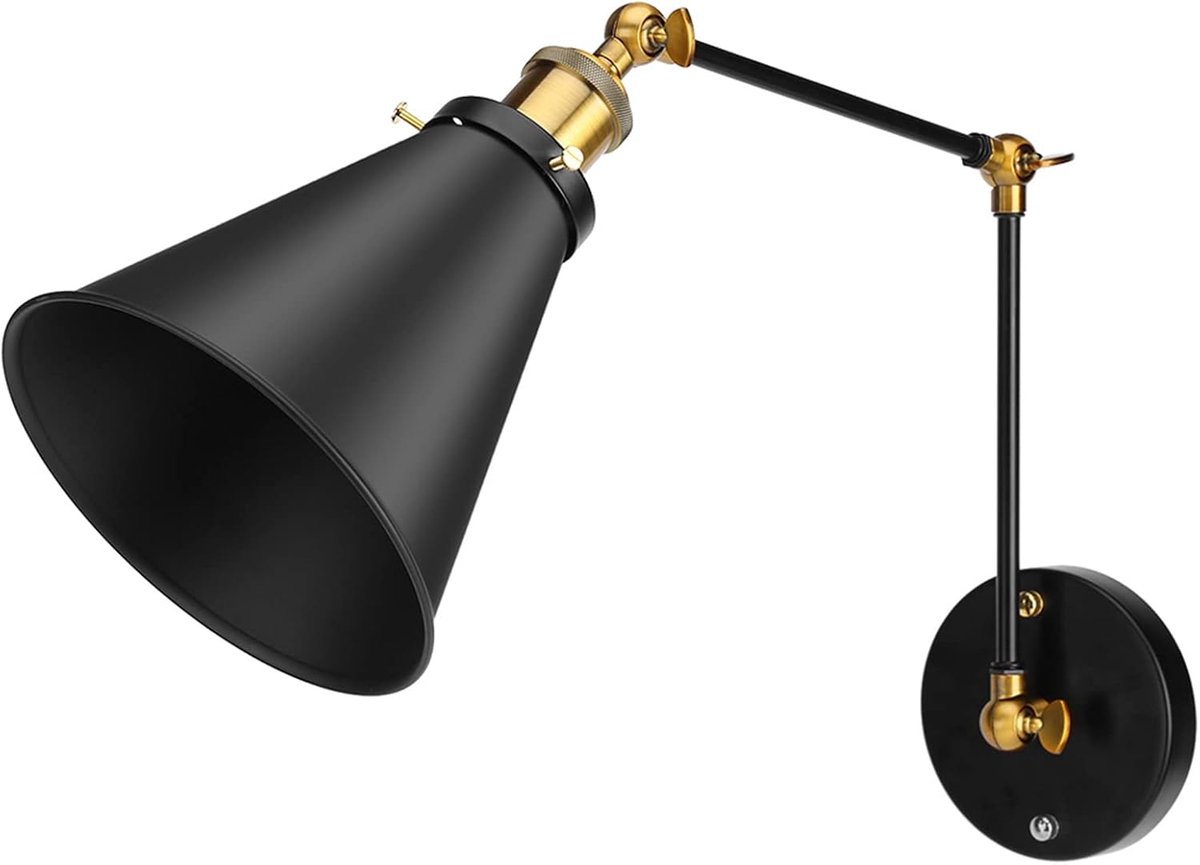 Vintage Industriële Wandlamp met Zwenkarm, Zwart Koperen Ijzeren Blaker, Verstelbaar Draaibaar Lichtarmatuur voor Woonkamer, Studeerkamer en Koffiebar, E27-basis