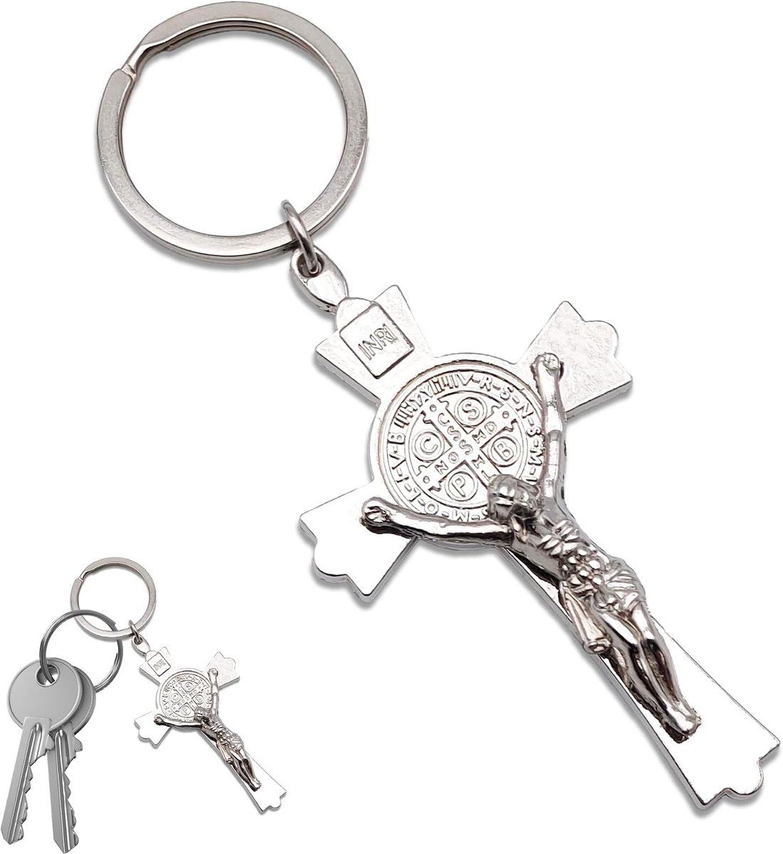 Crucifix Jezus Christus – religieuze hanger van metaal voor sleutels, rugzak en auto – symbool van geloof en bescherming – christelijk cadeau-idee, Staal, 11 cm