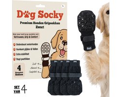 DOG SOCKY - Maat L - 4 Dubbelzijdige Antislip Hondensokken & Hondenschoenen - Set van 4 - Tegen Uitglijden & Pootlikken - Verstelbare Elastische Klittenband - Pootbeschermers voor Houten Vloeren & Tegels - Husky Mechelaar Bordercollie 18-30kg - Zwart