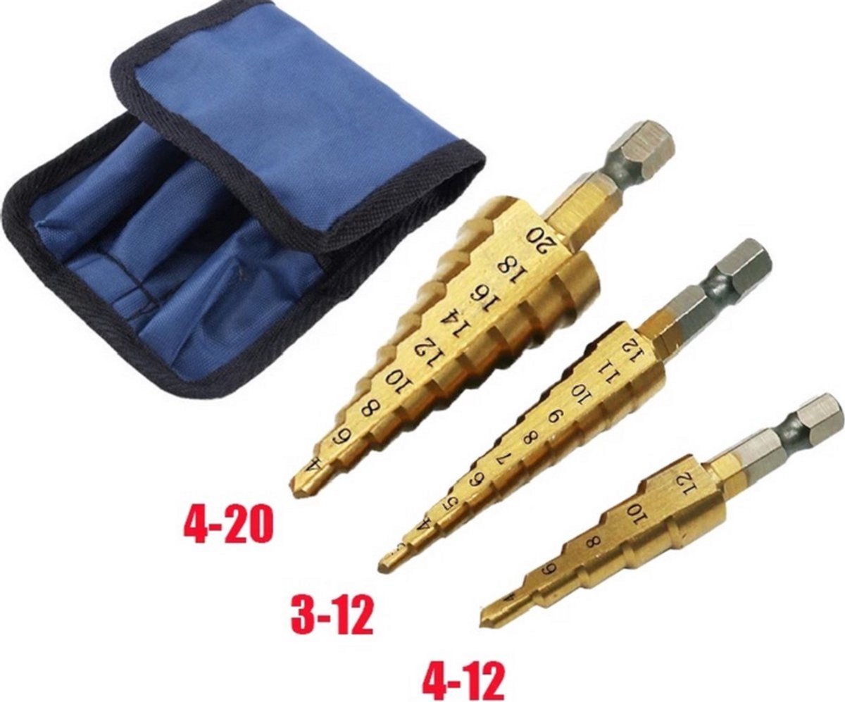 Scoby - Stappenboor - Trapboor - Metaalboor - Step Drill Bit - Titanium Coating - Opbergetui - 3-12 mm / 4-12 mm / 4-20 mm
