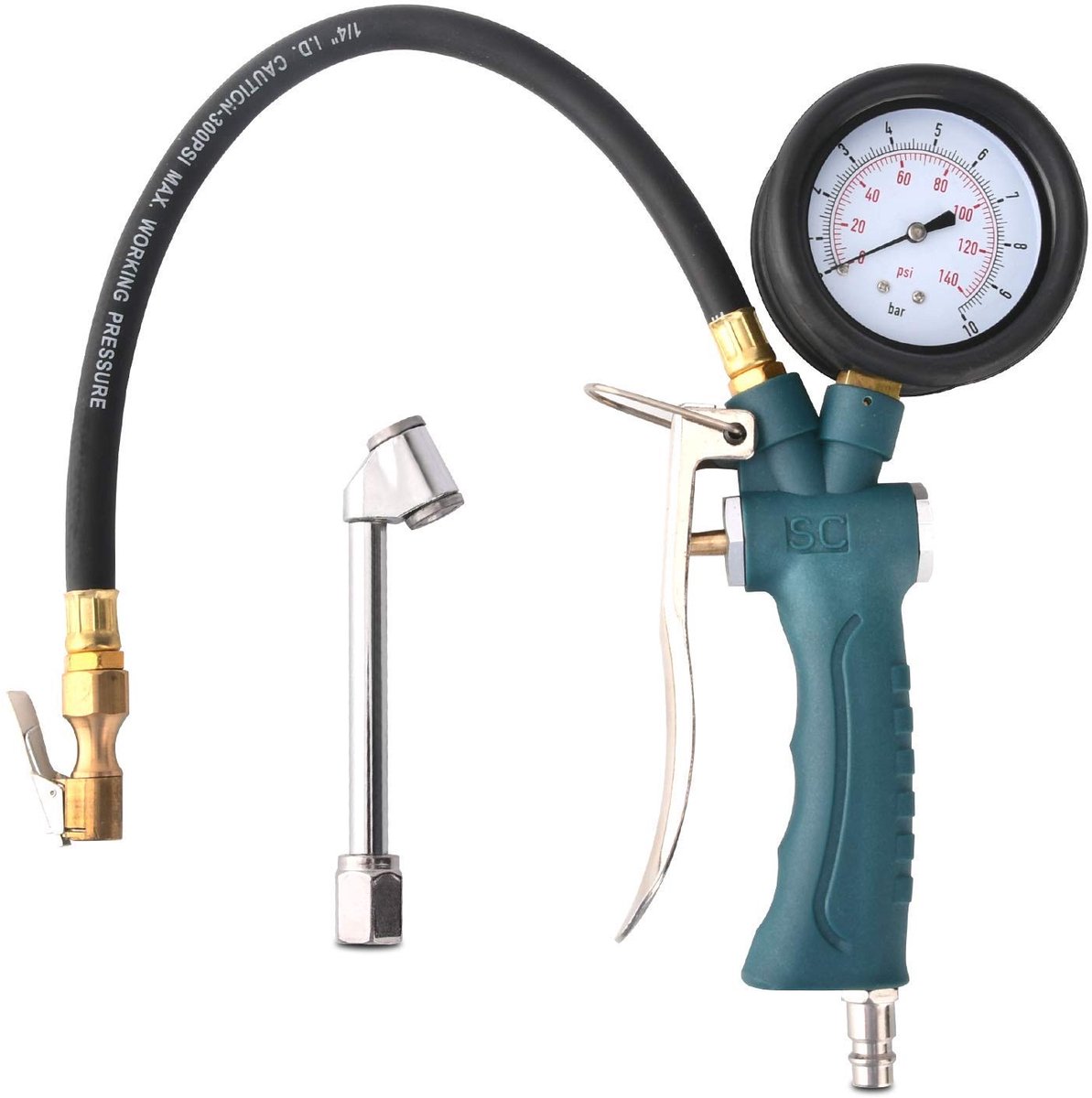 Perslucht Bandenpomp - Zwart - 10 bar - Met 360° Draaibare Manometer - Voor Auto, Motorfiets en Fiets