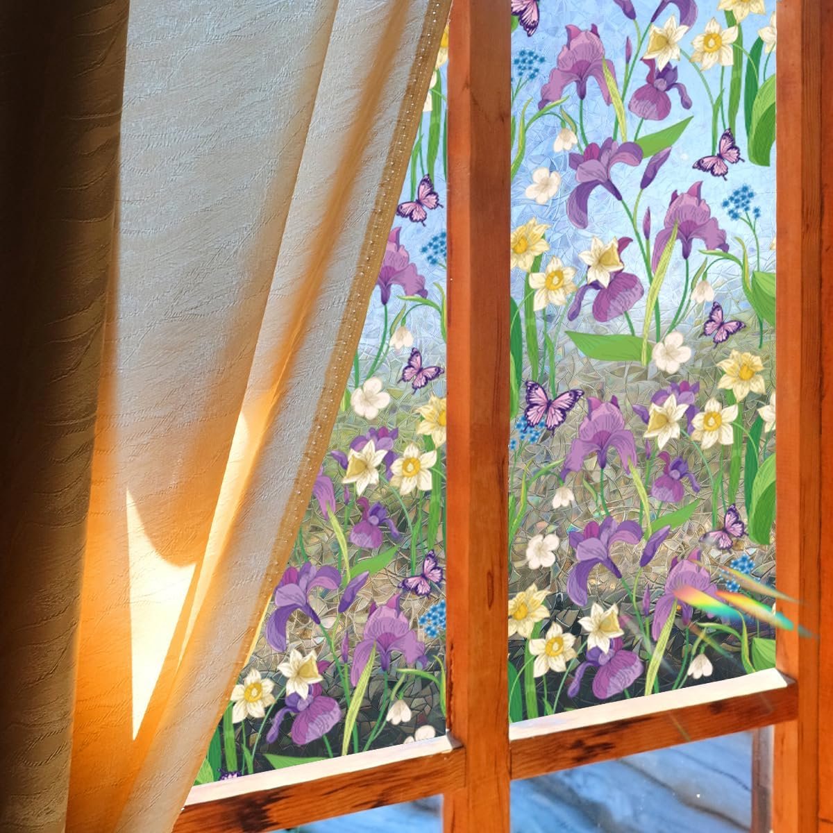 Raamfolie, regenboog, paarse bloemen, raam, klampt zich vast 3D decoratief vinyl glas in lood vlinder bloemen stickers statische sticker niet-klevend, 40 x 101,6 cm
