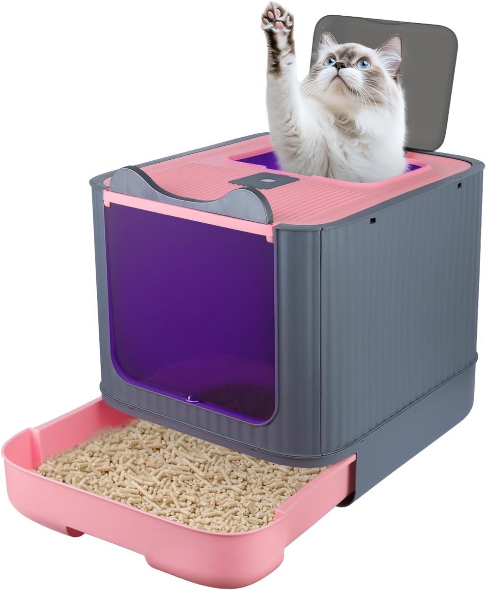 Kattenbak gesloten opvouwbare kattenbak – lade kattenbak met luchtverfrisser zak schep kattenbak gemakkelijk schoon te maken, PP-kunststof, 44,5 x 36,5 x 34,5 cm (b, roze)