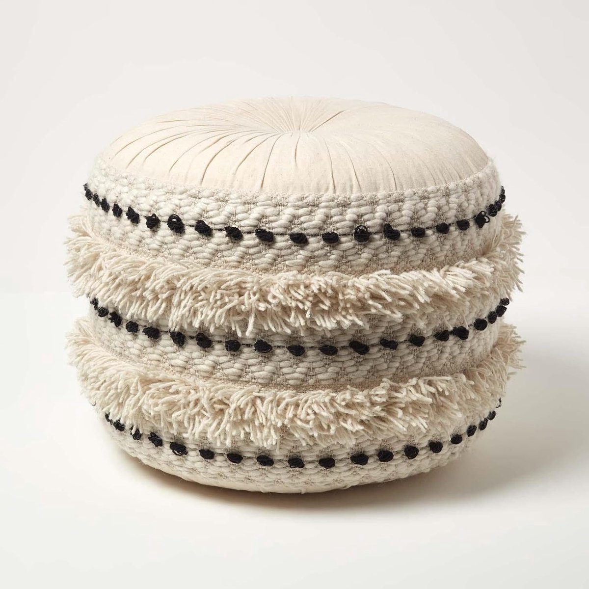 Witte & Zwarte Macramé Poef met Boheemse Stijl Cover "Sahara" 40 cm Hoog Katoen & Wol Gehaakte Tufted Decoratieve Voetbank