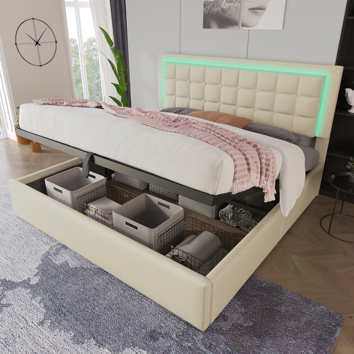 Bedframe - 180x200 Cm - Bed - Met Lattenbodem - Met Opbergruimte - LED - Wit - Zonder Matras