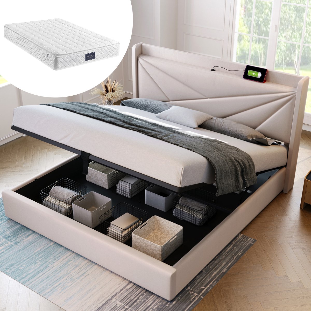 Bedframe - 160x200 Cm - Bed - Met Lattenbodem - Met Opbergruimte - USB C - Beige - Met Matras