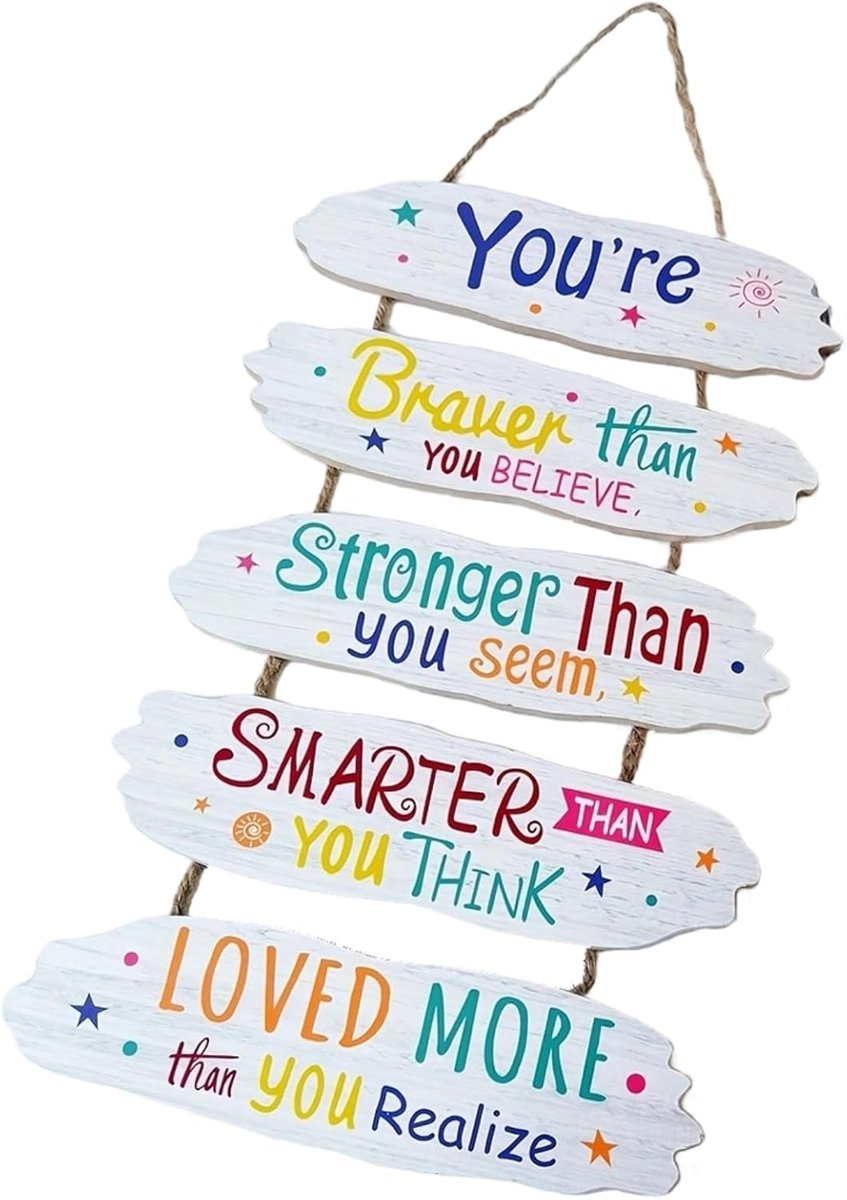1 Houten Decoratief Wandpaneel - Met Inspirerende Tekst - 50 × 23 cm (inclusief touw) - Vintage Stijl - Geschikt voor Thuis, Kantoor of Klaslokaal