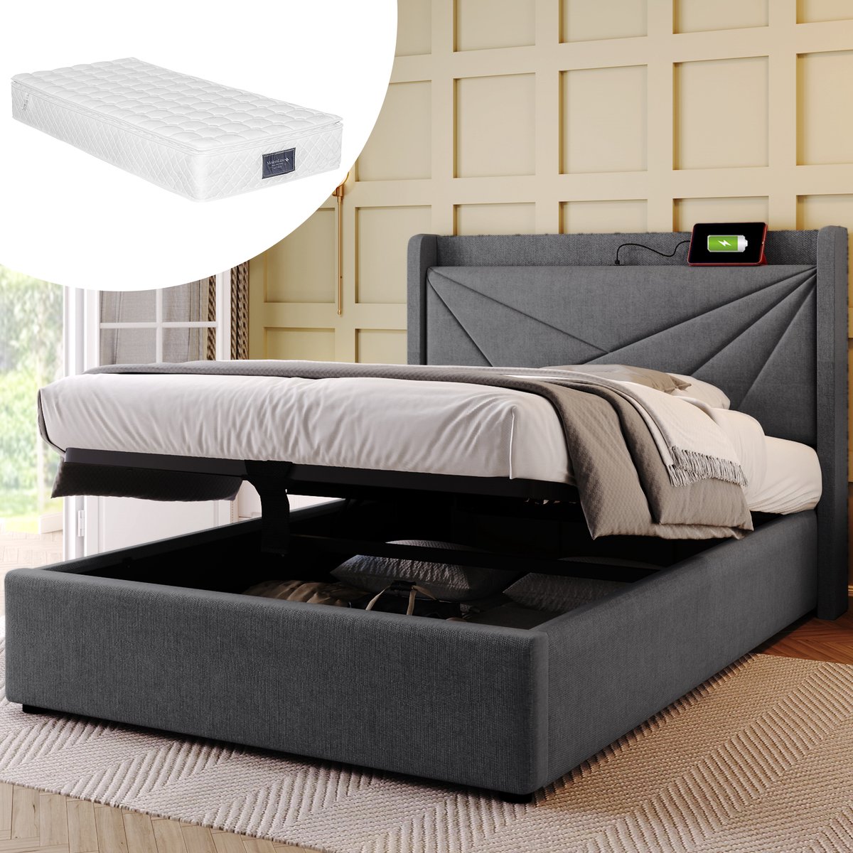 Bedframe - 90x200 Cm - Bed - Met Lattenbodem - Met Opbergruimte - USB C - Grijs - Met Matras