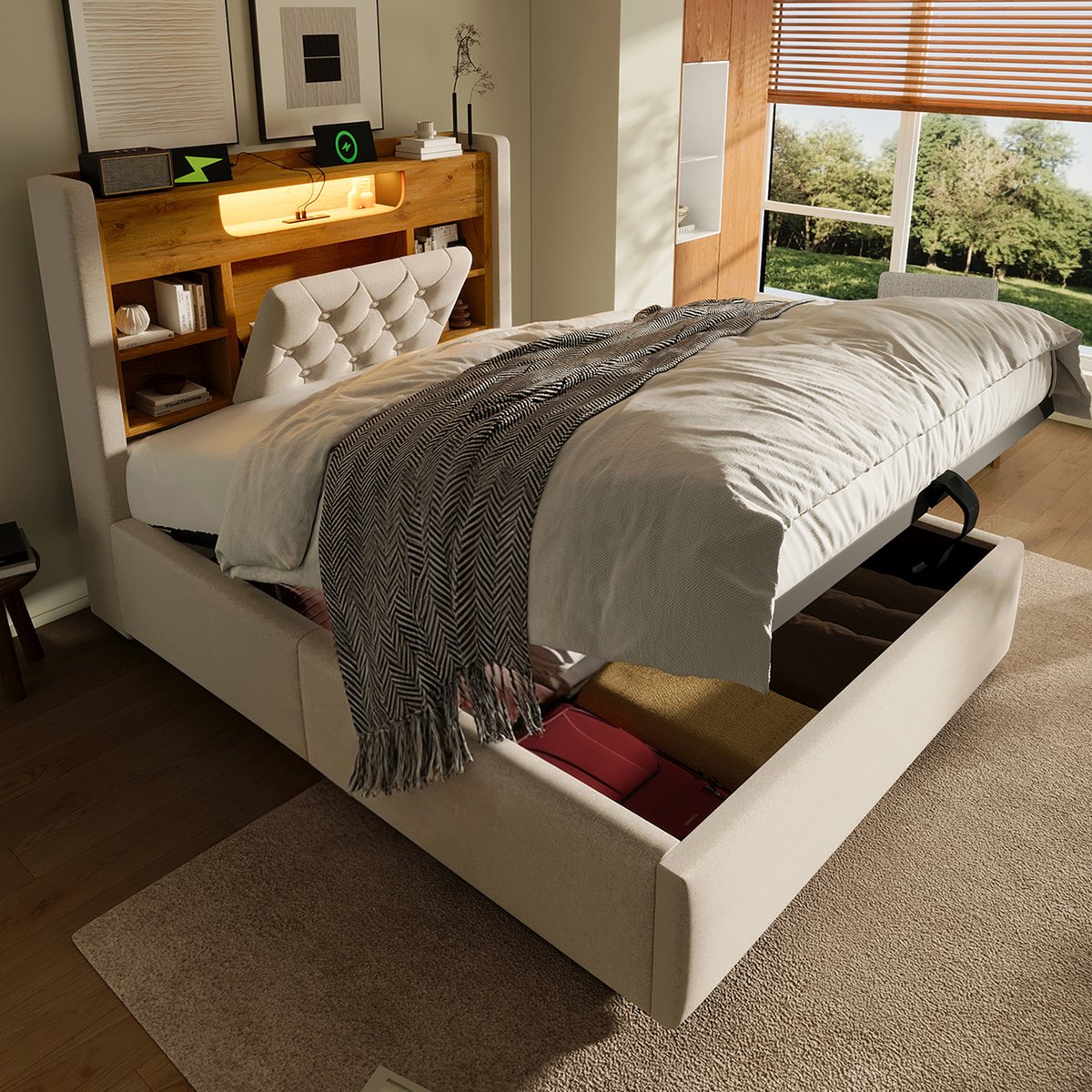 Bedframe - 90x200 Cm - Bed - Met Opbergruimte - LED - USB C - Beige - Zonder Matras