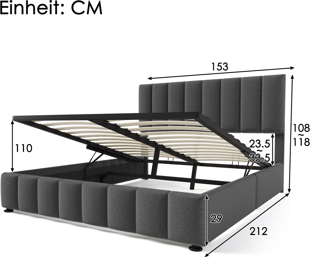 Bedframe - 140x200 Cm - Bed - Met Lattenbodem - Met Opbergruimte - Grijs - Zonder Matras