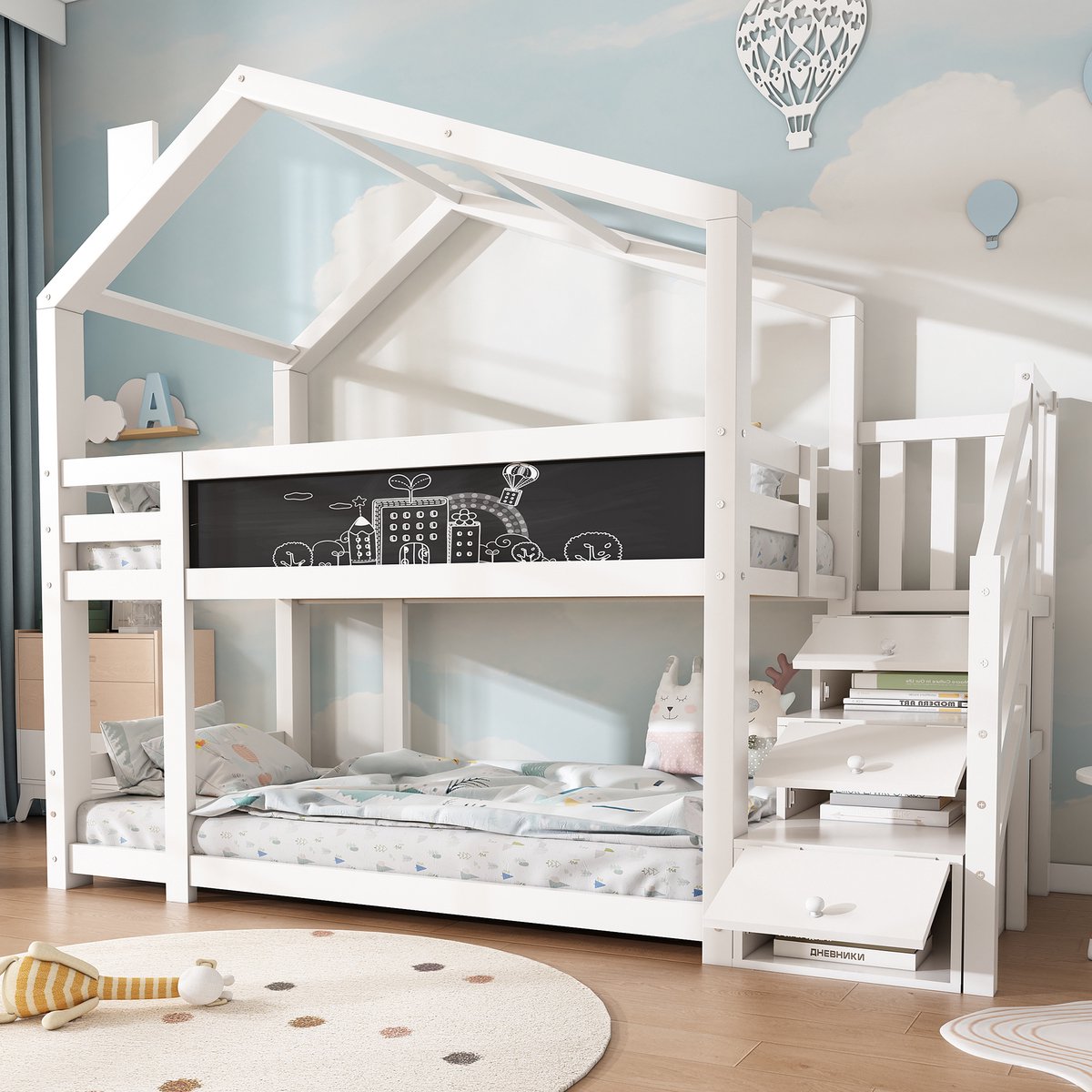 Stapelbed - 90x200 Cm - Bed - Met Lattenbodem - Met Opbergruimte - Wit - Zonder Matras