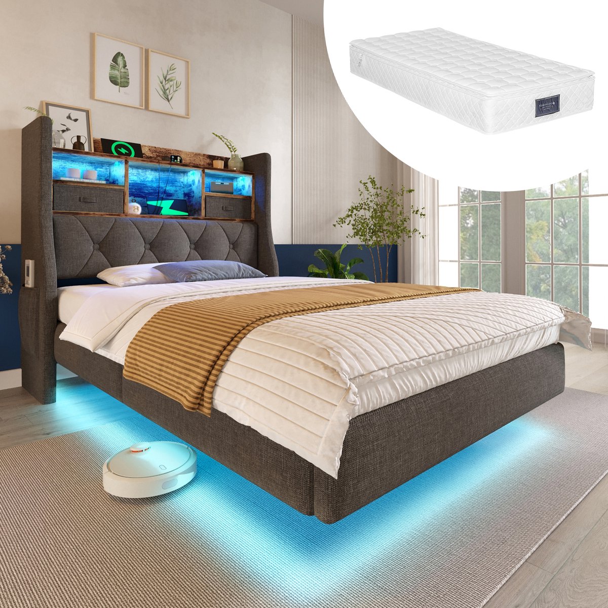 Bedframe - 90x200 Cm - Bed - Met Lattenbodem - Met Opbergruimte - LED - USB C - Grijs - Met Matras
