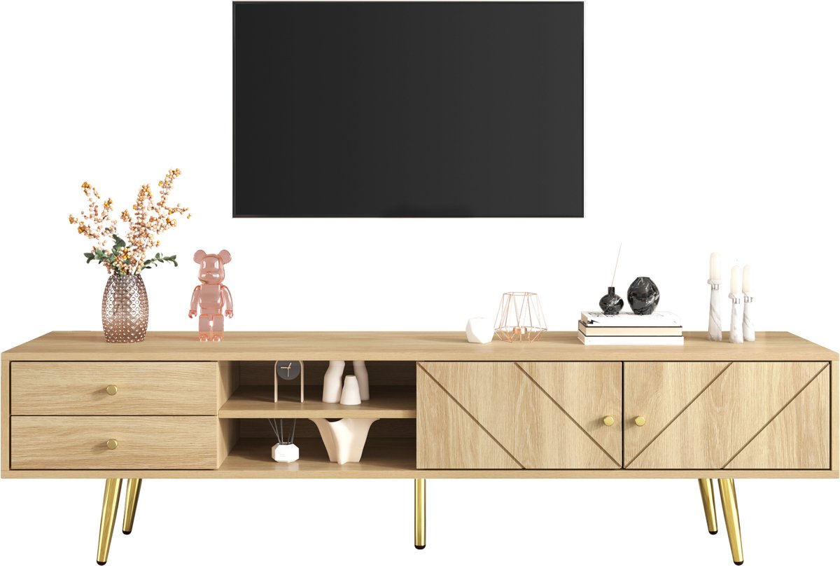 TV Meubel - Lowboard Met Schuine Groeven Met Gouden Poten 160cm - Hout