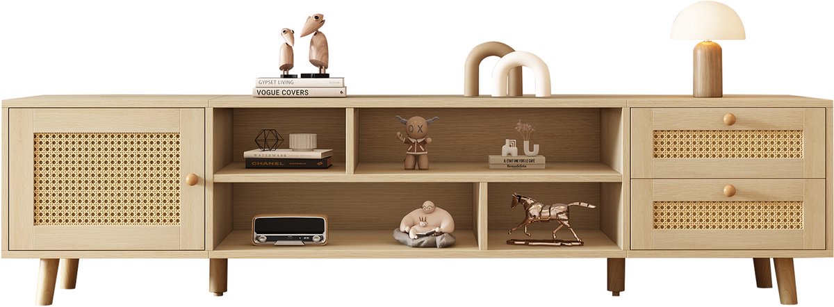 MEUBLE COSY TV Meubel - Scandinavisch TV Standaard Met Rotan Deuren 160 cm - Eiken Beige
