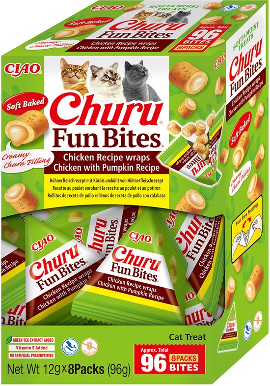 Verpakking van Churu Fun Bites kattensnacks, kip met pompoen recept. Totaal 96 stuks in 8 pakken.